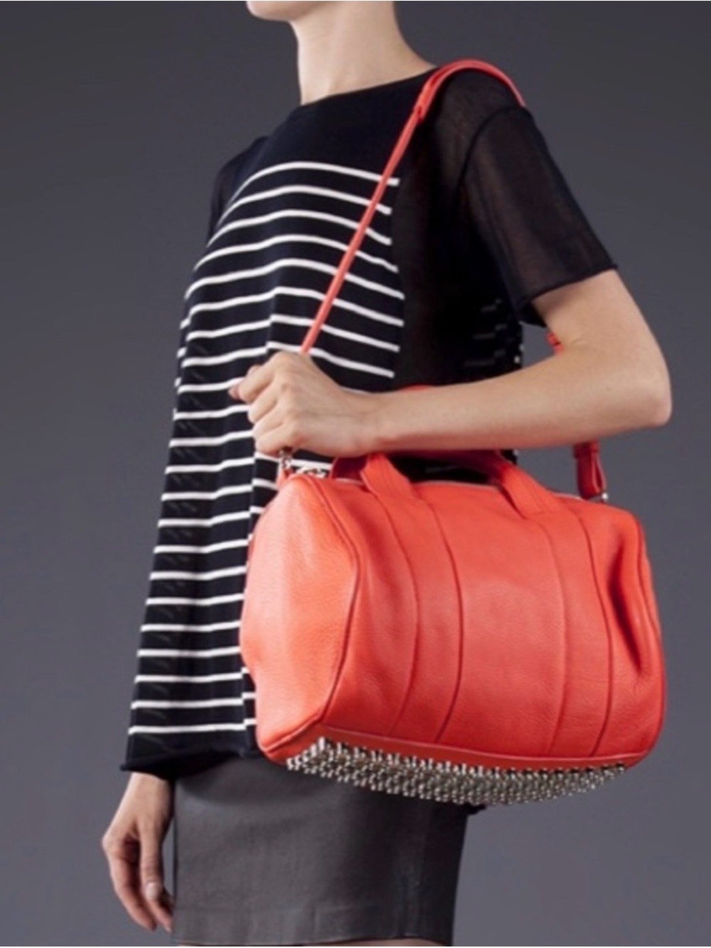 Red Leather Shoulder Bag with Studded Base